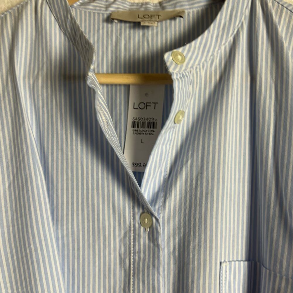 LOFT Blue Stripe Embroidered Eyelet Cotton Mini Shirtdress Size Large - Picture 14 of 15